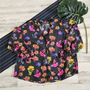 Tolani Collection Long Sleeve Floral Button Front Blouse Ruffle Neck XL